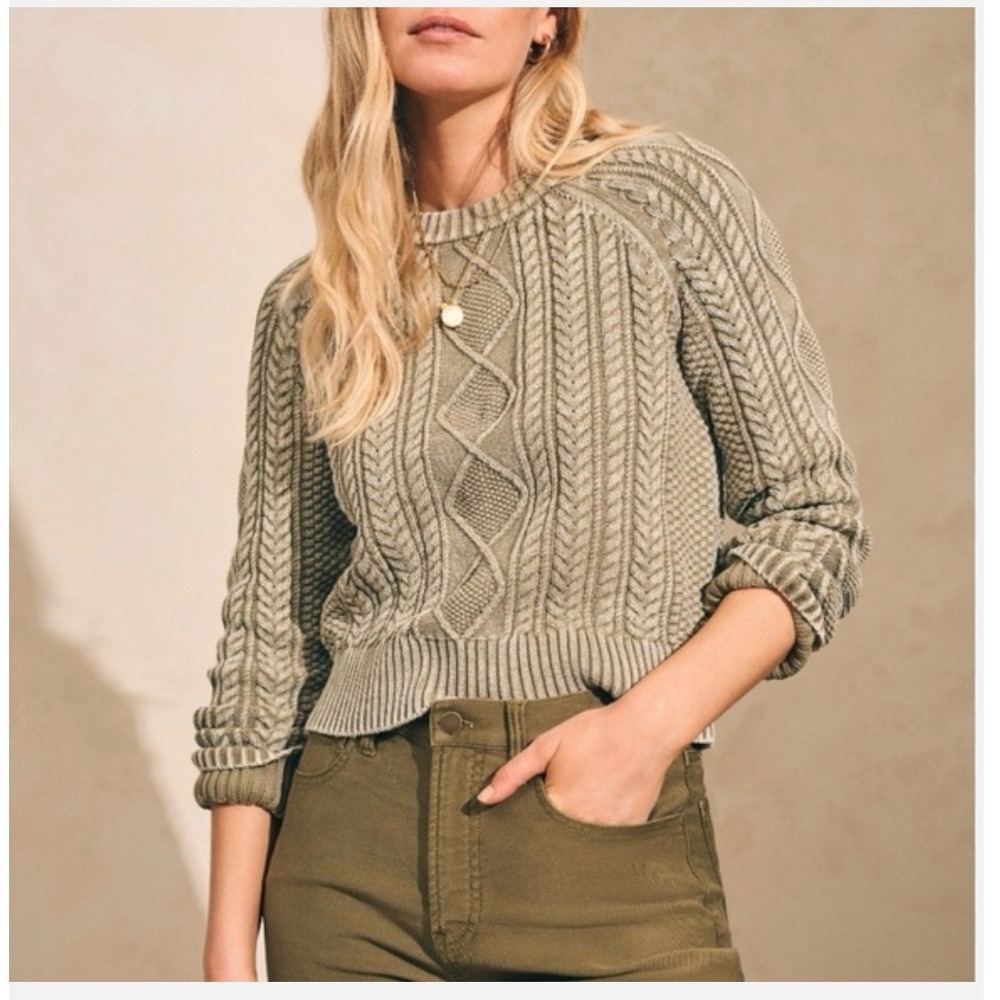 Faherty Women's Sunwashed Cable Crew Sweater Organic Cotton Sage Green- XXL